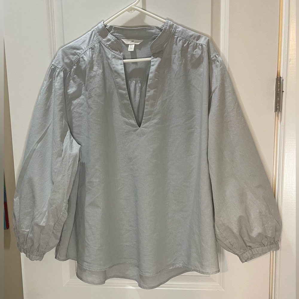H&M Gray Balloon Sleeve Linen Blend Tunic Top with Relaxed Fit Size XL